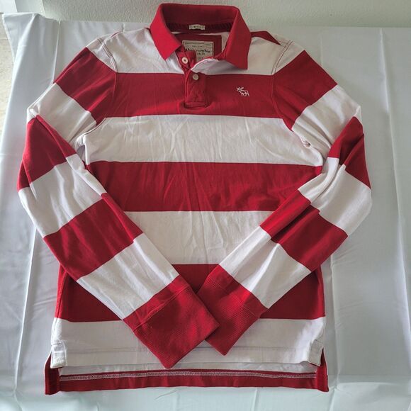 Abercrombie & Fitch Rugby Shirt XL Red White Striped Long Sleeve Muscle Fit - Picture 1 of 9
